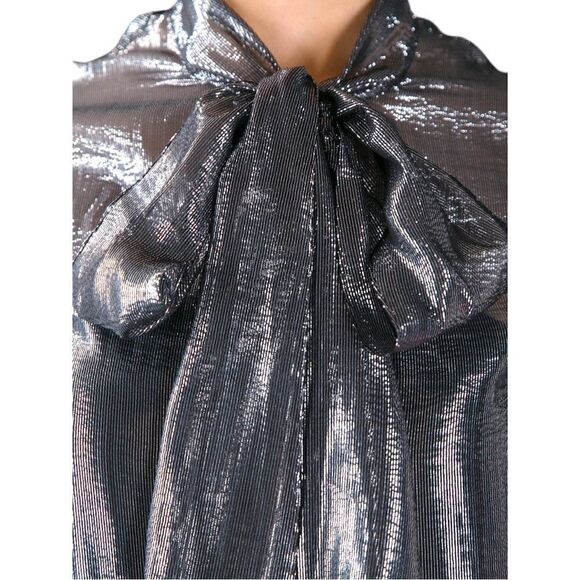 SAINT Laurent YSL Bow Neck Tie Metallic Silk Silver Collared Blouse Top Size 6 - Picture 5 of 14